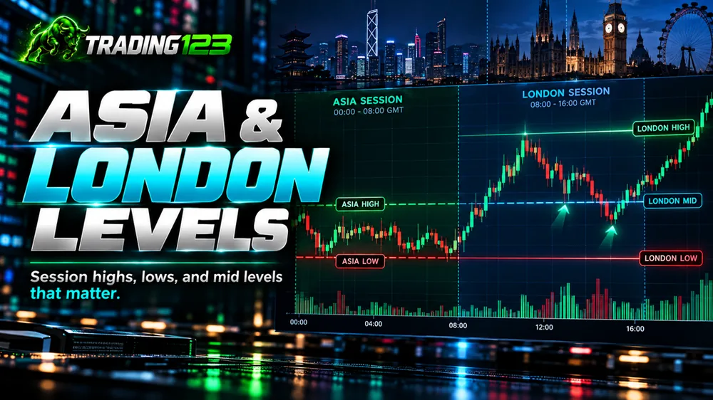 Asia and London levels — session highs, lows and mid levels that matter, with Asia high/low and London high/mid/low marked