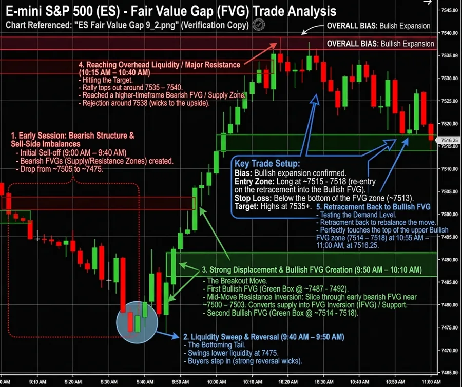 ES fair value gap trade analysis — liquidity sweep and reversal, strong displacement creating a bullish FVG, retracement back into the FVG for a long entry, and the target at overhead liquidity