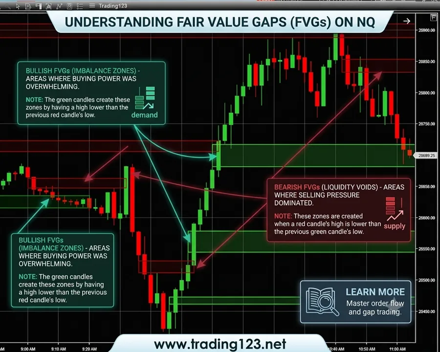Fair value gaps explained on NQ — bullish FVG demand zones where buying power was overwhelming, and bearish FVG supply zones where selling pressure dominated